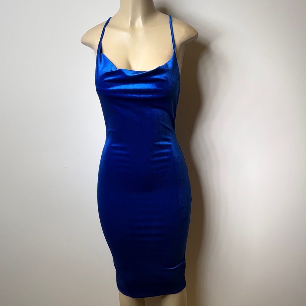 DNA couture Royal Blue velvet Cowl Midi Dress